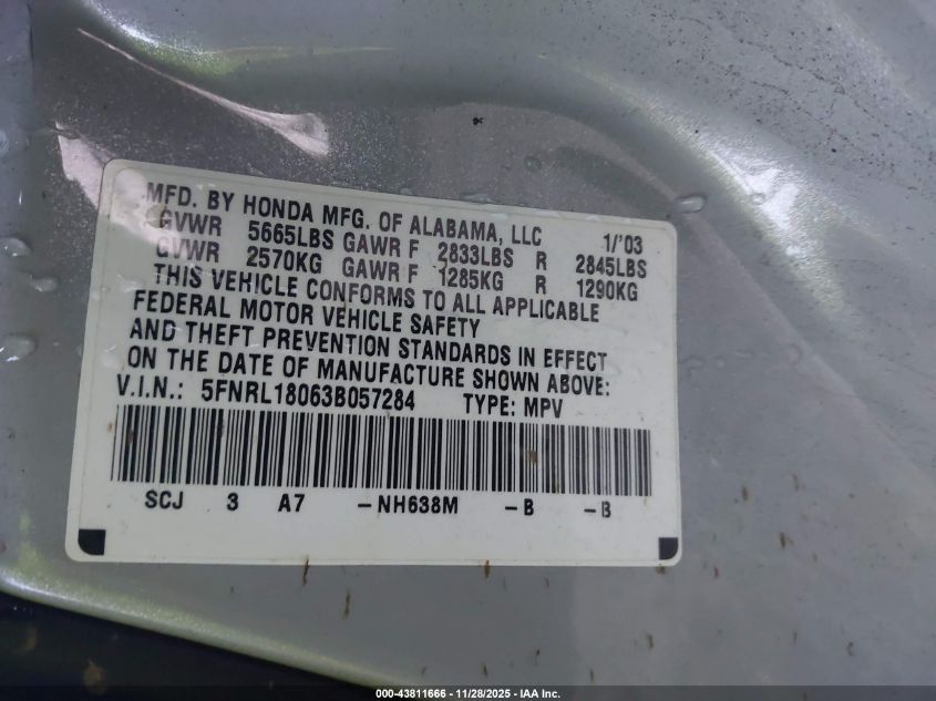 2003 Honda Odyssey Ex-L VIN: 5FNRL18063B057284 Lot: 43811666