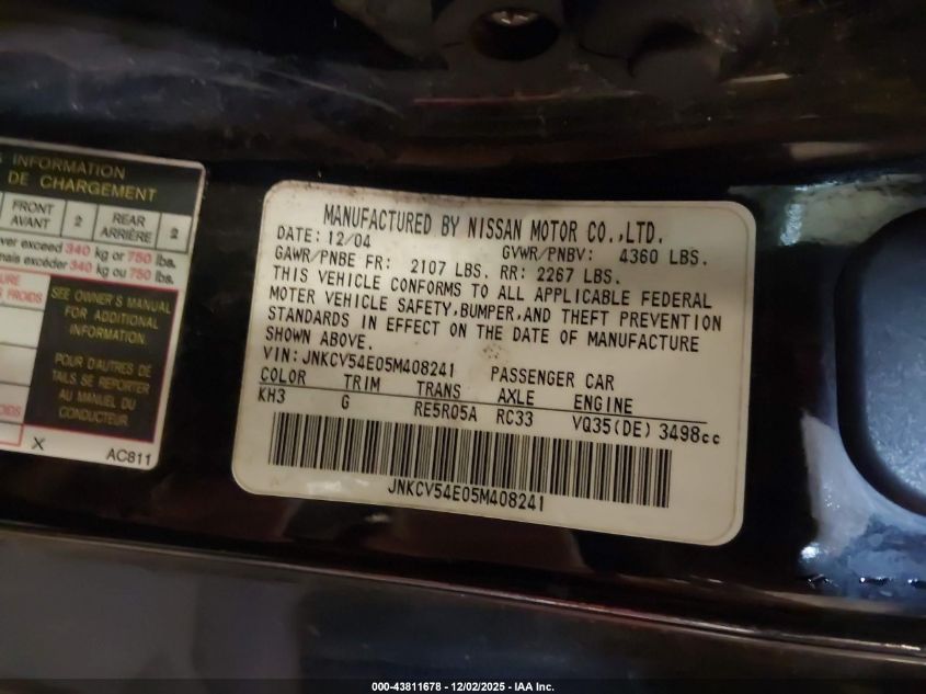 2005 Infiniti G35 VIN: JNKCV54E05M408241 Lot: 43811678