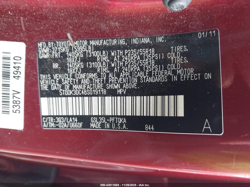 2011 Toyota Sienna Limited VIN: 5TDDK3DC4BS019118 Lot: 43811685