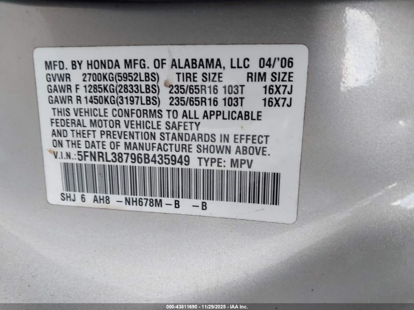 2006 Honda Odyssey Ex-L VIN: 5FNRL38796B435949 Lot: 43811690