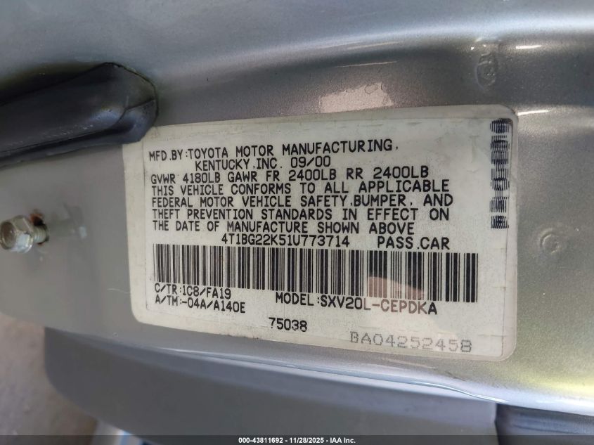 2001 Toyota Camry Ce VIN: 4T1BG22K51U773714 Lot: 43811692