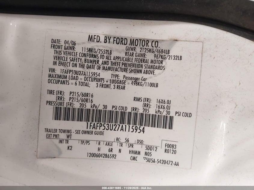 2007 Ford Taurus Se VIN: 1FAFP53U27A115954 Lot: 43811695