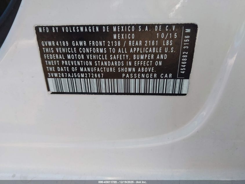 2016 Volkswagen Jetta 1.4T S VIN: 3VW267AJ5GM272667 Lot: 43811709