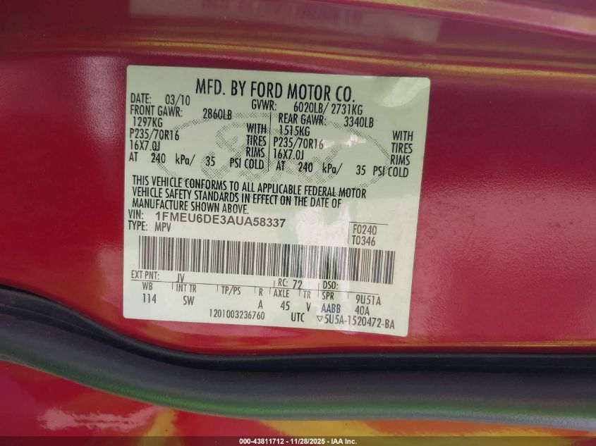 2010 Ford Explorer Xlt VIN: 1FMEU6DE3AUA58337 Lot: 43811712