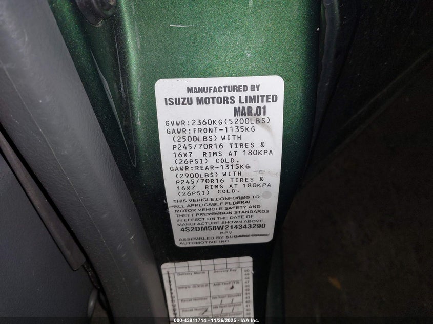 2001 Isuzu Rodeo Ls 3.2L/Ls 3.2L V6/Lse 3.2L V6/S/S 3.2L V6 VIN: 4S2DM58W214343290 Lot: 43811714