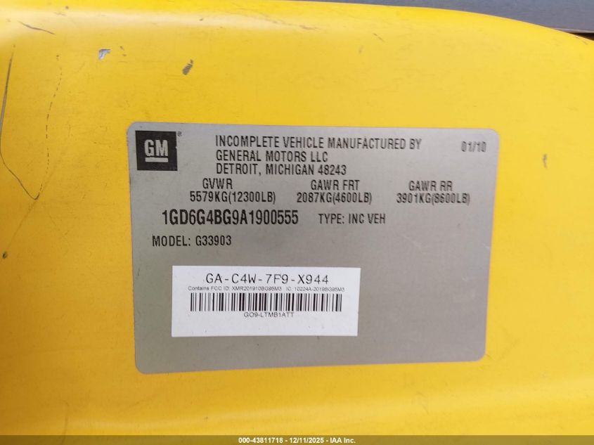 2010 GMC Savana Cutaway Work Van VIN: 1GD6G4BG9A1900555 Lot: 43811718