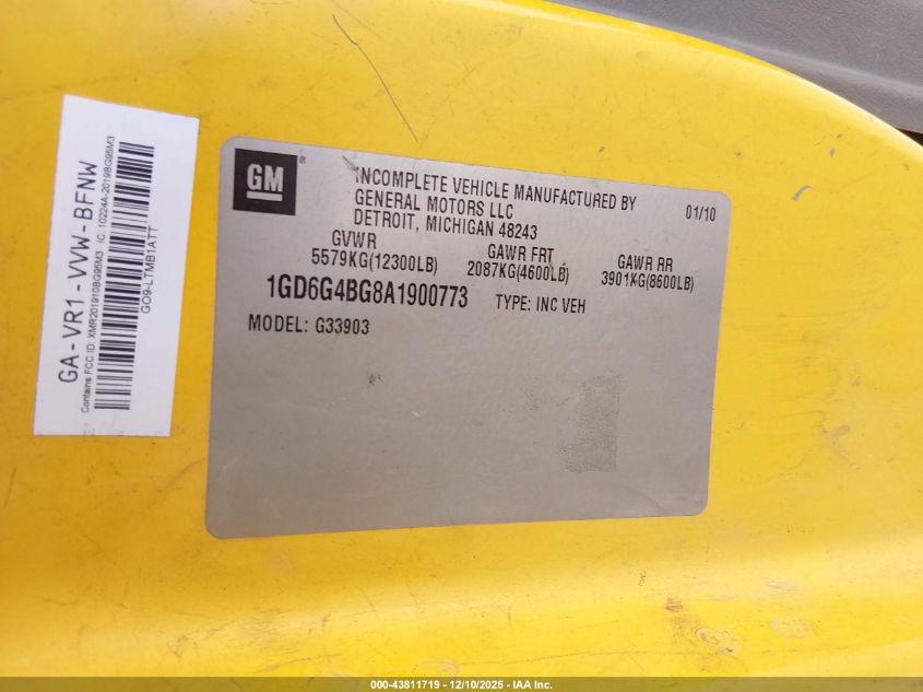 2010 GMC Savana Cutaway Work Van VIN: 1GD6G4BG8A1900773 Lot: 43811719