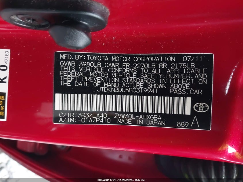 2011 Toyota Prius Five VIN: JTDKN3DU5B0319941 Lot: 43811721