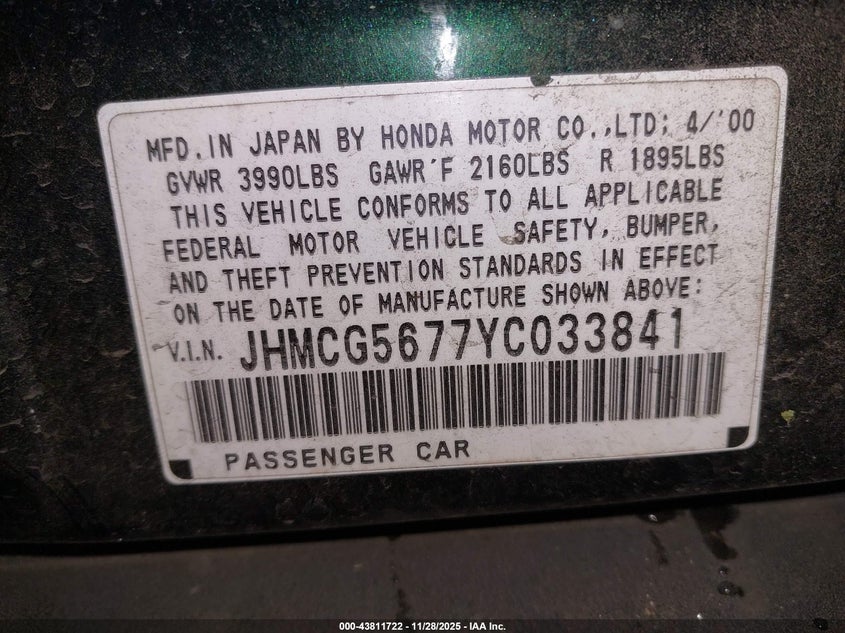 2000 Honda Accord 2.3 Se VIN: JHMCG5677YC033841 Lot: 43811722