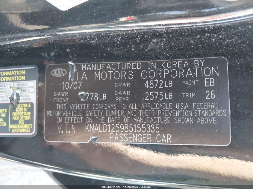 2008 Kia Amanti VIN: KNALD125985155335 Lot: 43811723