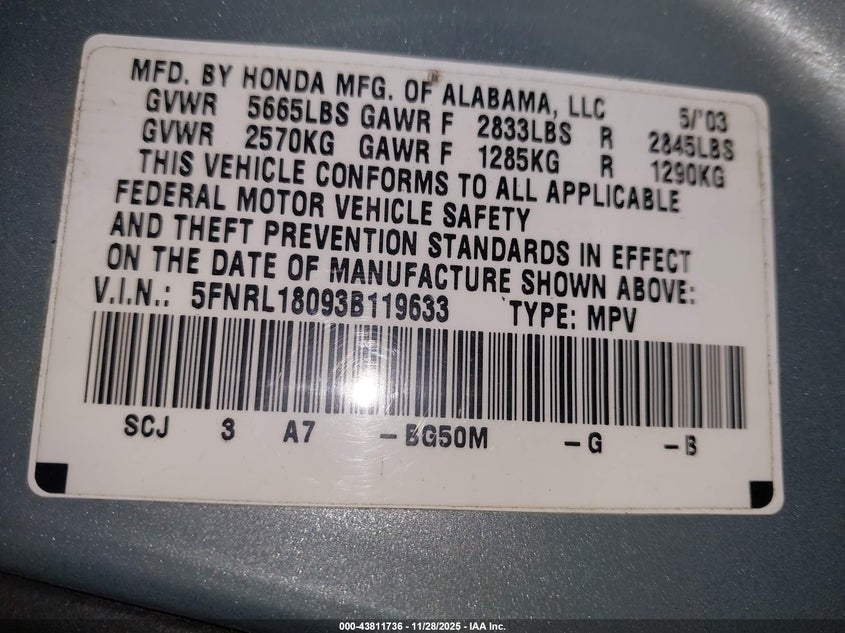 2003 Honda Odyssey Ex-L VIN: 5FNRL18093B119633 Lot: 43811736