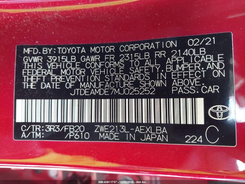 2021 Toyota Corolla Hybrid Le VIN: JTDEAMDE7MJ025252 Lot: 43811737