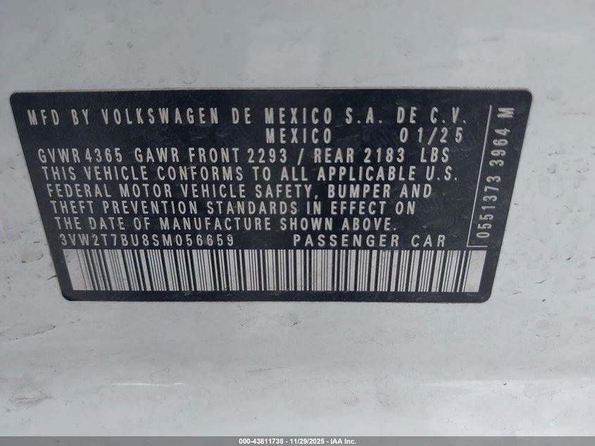 2025 Volkswagen Jetta Gli 2.0T Autobahn VIN: 3VW2T7BU8SM056659 Lot: 43811738