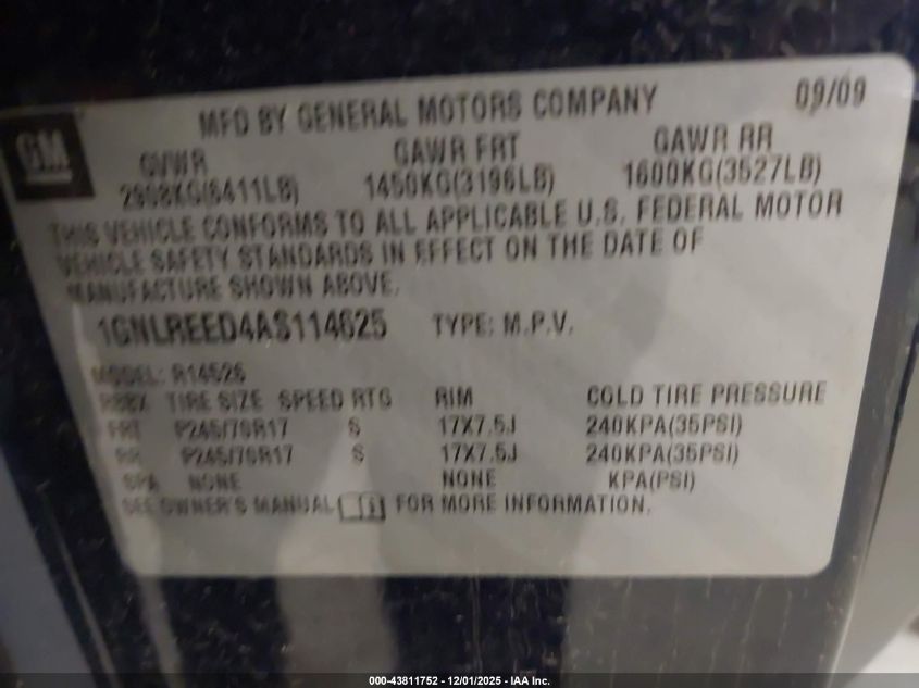 2010 Chevrolet Traverse Ls VIN: 1GNLREED4AS114626 Lot: 43811752