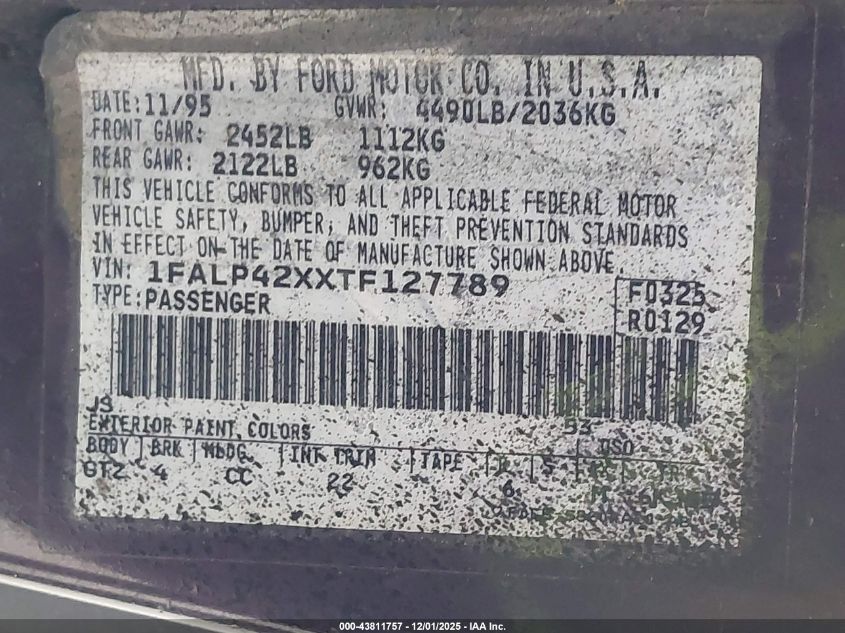 1996 Ford Mustang Gt VIN: 1FALP42XXTF127789 Lot: 43811757