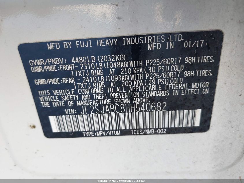 2017 Subaru Forester 2.5I VIN: JF2SJABC8HH540682 Lot: 43811760