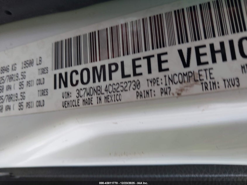 2012 Ram 5500 Chassis St/Slt VIN: 3C7WDNBL4CG252730 Lot: 43811770