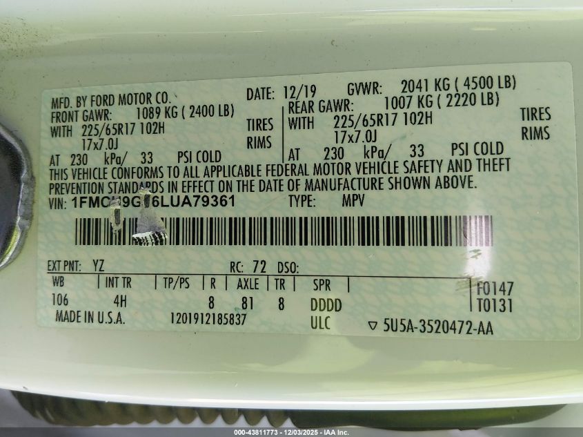 2020 Ford Escape Se VIN: 1FMCU9G66LUA79361 Lot: 43811773