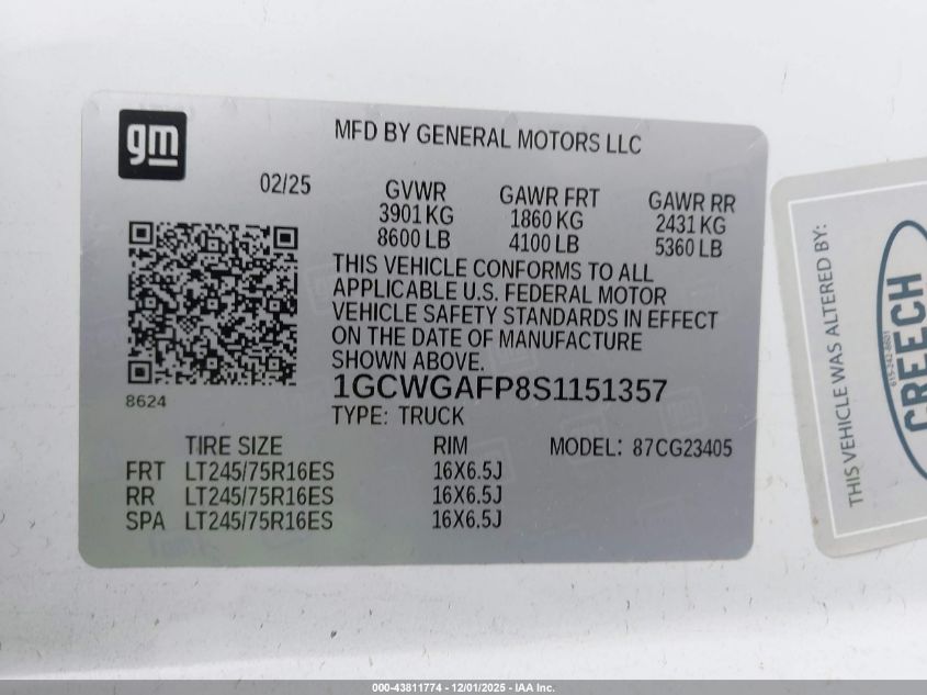 2025 Chevrolet Express Cargo Rwd 2500 Regular Wheelbase Wt VIN: 1GCWGAFP8S1151357 Lot: 43811774