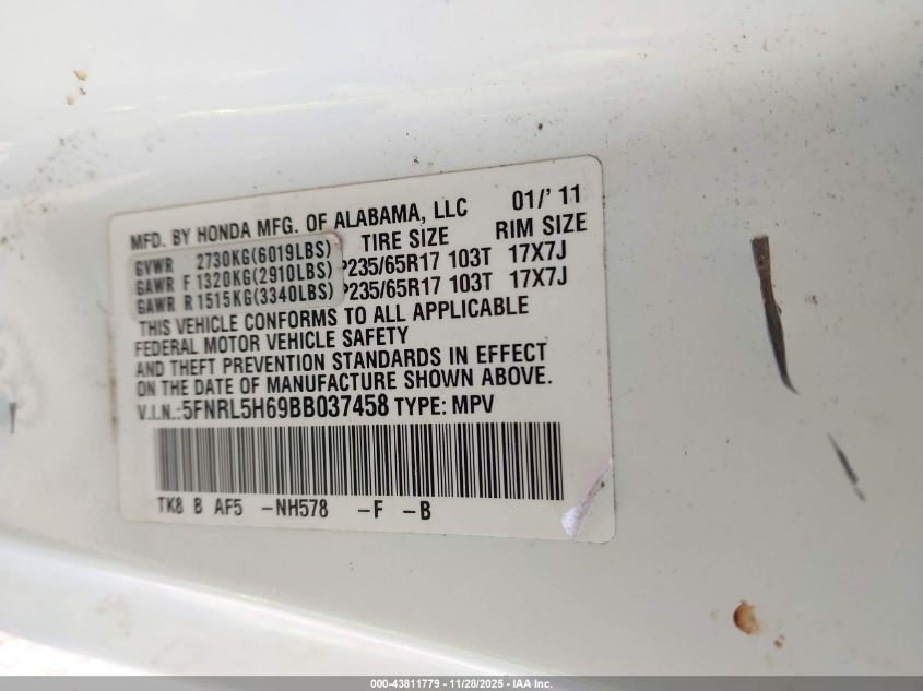 2011 Honda Odyssey Ex-L VIN: 5FNRL5H69BB037458 Lot: 43811779