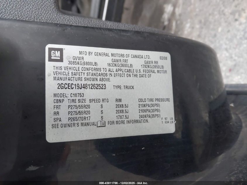 2008 Chevrolet Silverado 1500 Lt1 VIN: 2GCEC19J481262523 Lot: 43811786