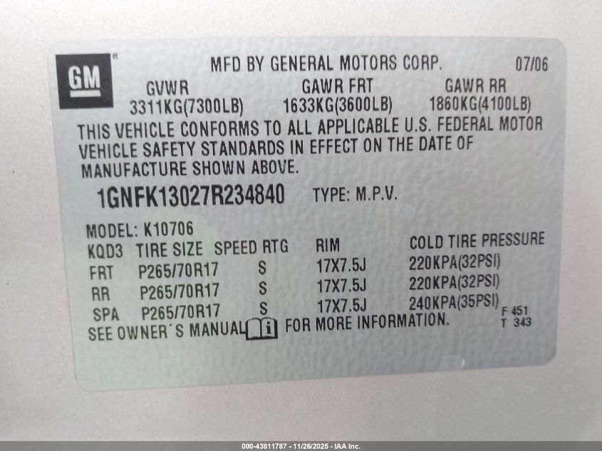 2007 Chevrolet Tahoe Lt VIN: 1GNFK13027R234840 Lot: 43811787