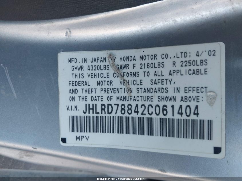 2002 Honda Cr-V Ex VIN: JHLRD78842C061404 Lot: 43811800