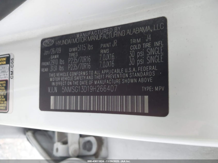5NMSG13D19H266407 2009 HYUNDAI SANTA FE photo no. 9