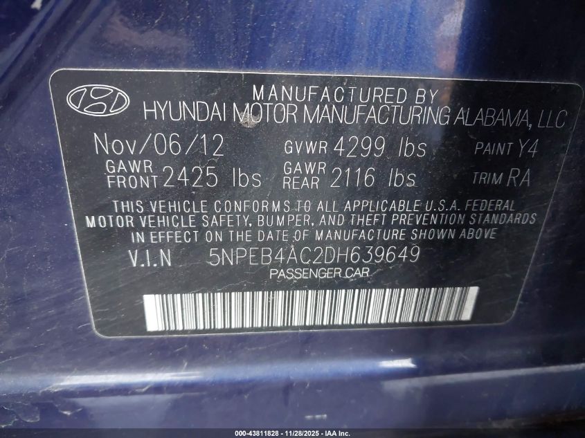2013 Hyundai Sonata Gls VIN: 5NPEB4AC2DH639649 Lot: 43811828