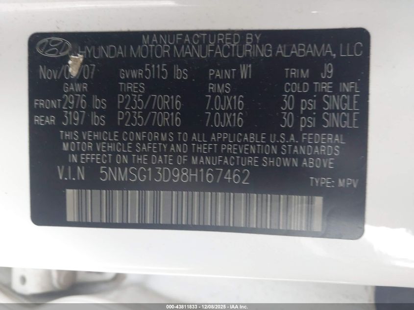 2008 Hyundai Santa Fe Gls VIN: 5NMSG13D98H167462 Lot: 43811833