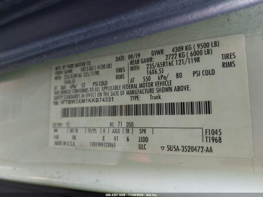 2019 Ford Transit-350 VIN: 1FTBW3XM1KKB74331 Lot: 43811849