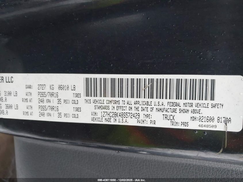 2008 Mitsubishi Raider Ls VIN: 1Z7HC28K48S572429 Lot: 43811858