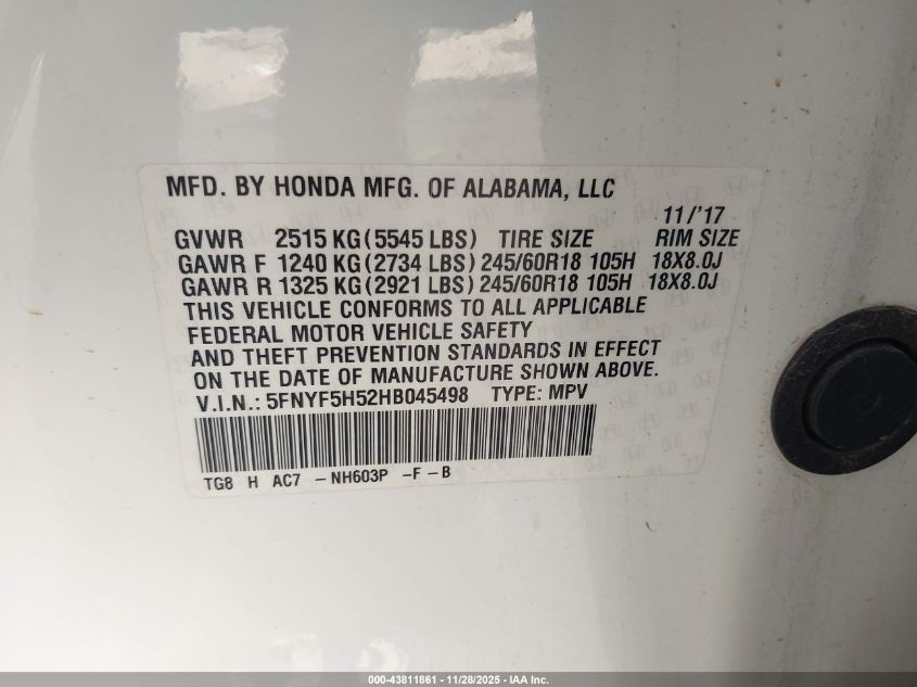 2017 Honda Pilot Ex-L VIN: 5FNYF5H52HB045498 Lot: 43811861