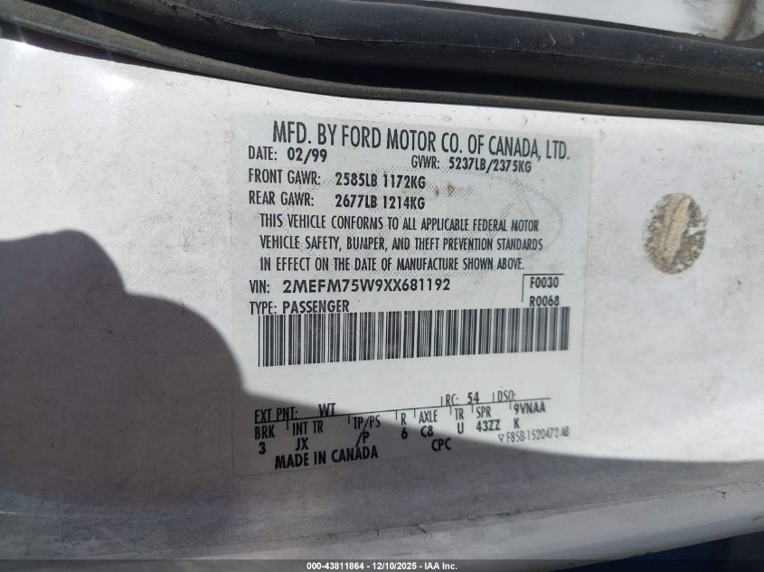 1999 Mercury Grand Marquis Ls VIN: 2MEFM75W9XX681192 Lot: 43811864