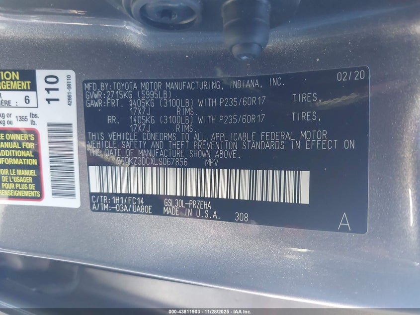 2020 Toyota Sienna Le VIN: 5TDKZ3DCXLS067856 Lot: 43811903