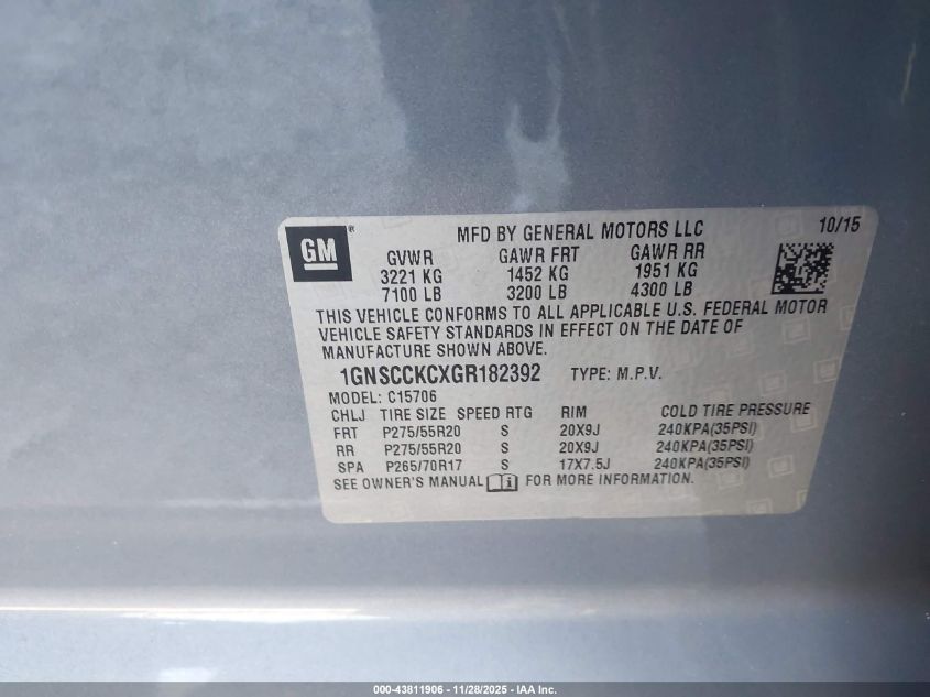 2016 Chevrolet Tahoe Ltz VIN: 1GNSCCKCXGR182392 Lot: 43811906