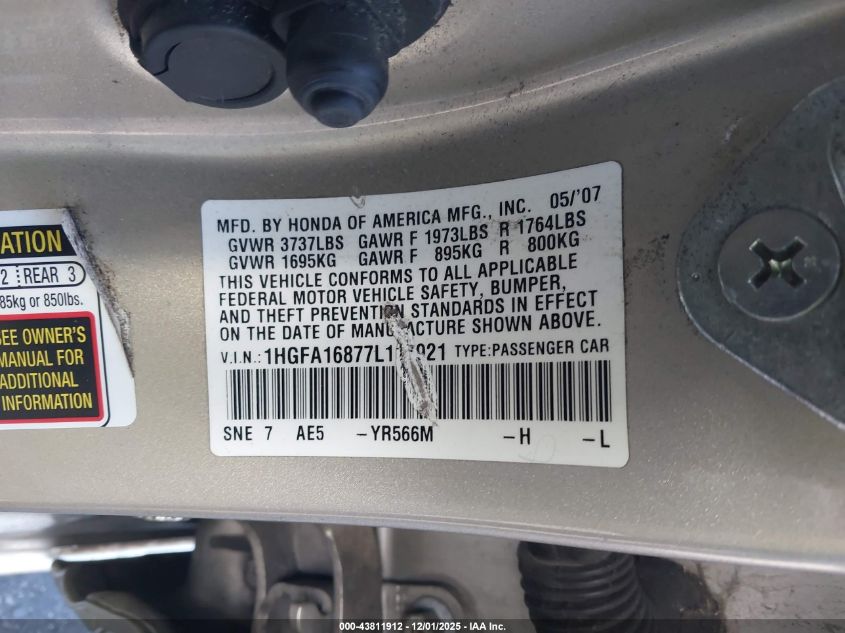 2007 Honda Civic Ex VIN: 1HGFA16877L117921 Lot: 43811912