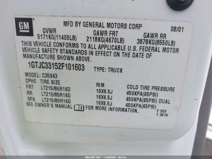 2002 GMC New Sierra C3500 VIN: 01GTJC33152F10160 Lot: 43811927