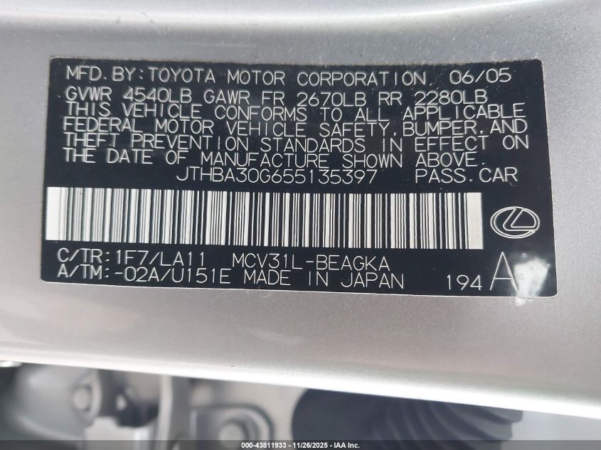 2005 Lexus Es 330 VIN: JTHBA30G655135397 Lot: 43811933