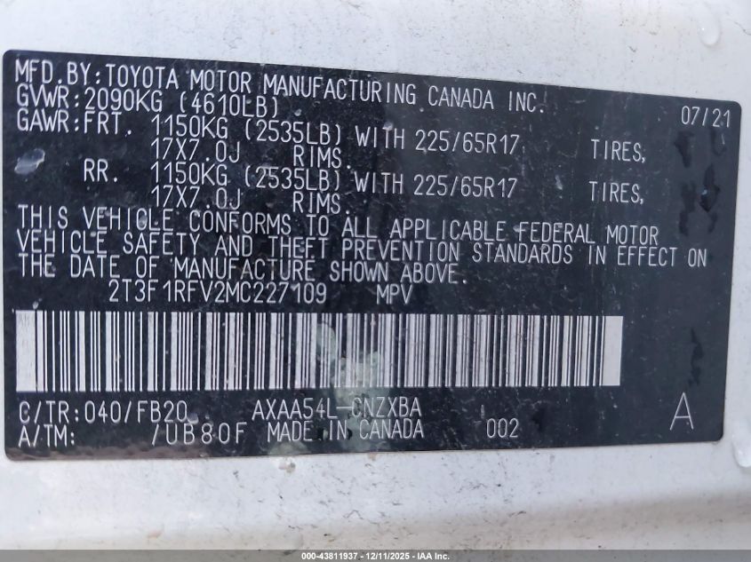 2021 Toyota Rav4 Le VIN: 2T3F1RFV2MC227109 Lot: 43811937