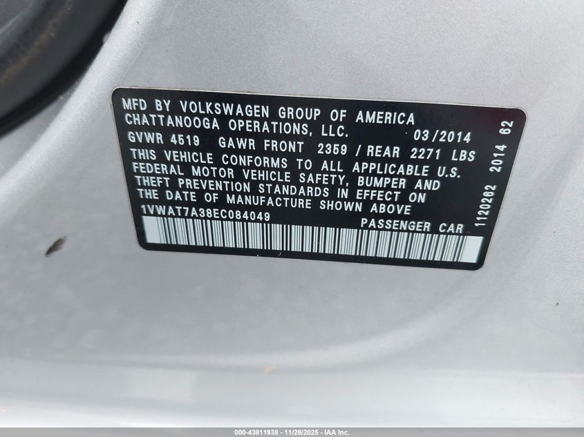 2014 Volkswagen Passat 1.8T Wolfsburg Edition VIN: 1VWAT7A38EC084049 Lot: 43811938