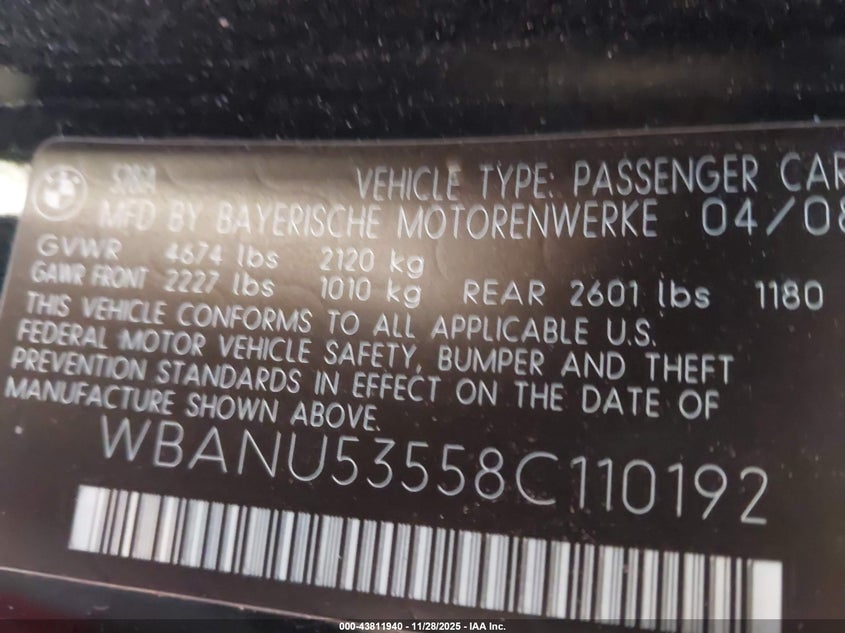2008 BMW 528I VIN: WBANU53558C110192 Lot: 43811940