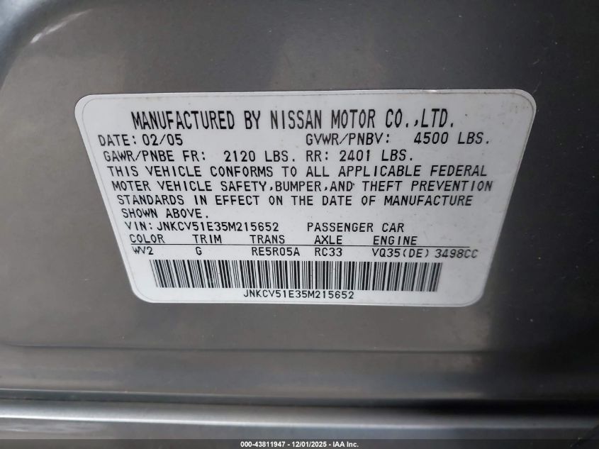 2005 Infiniti G35 VIN: JNKCV51E35M215652 Lot: 43811947