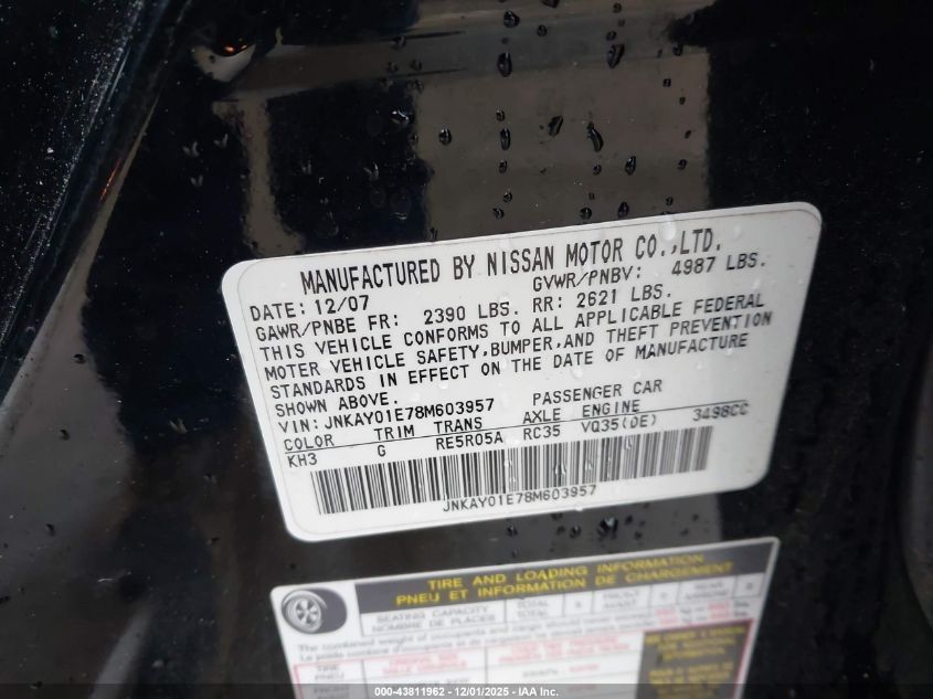 2008 Infiniti M35 VIN: JNKAY01E78M603957 Lot: 43811962