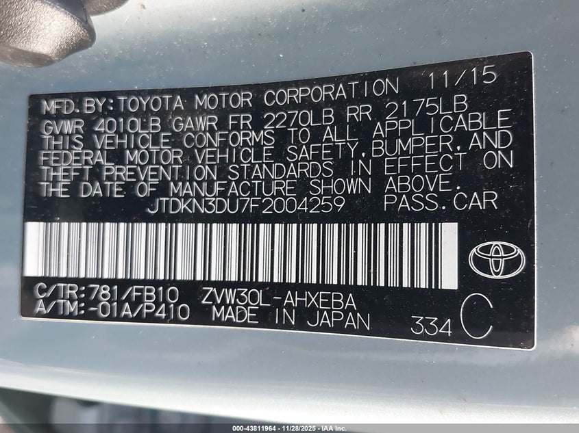 2015 Toyota Prius Two VIN: JTDKN3DU7F2004259 Lot: 43811964