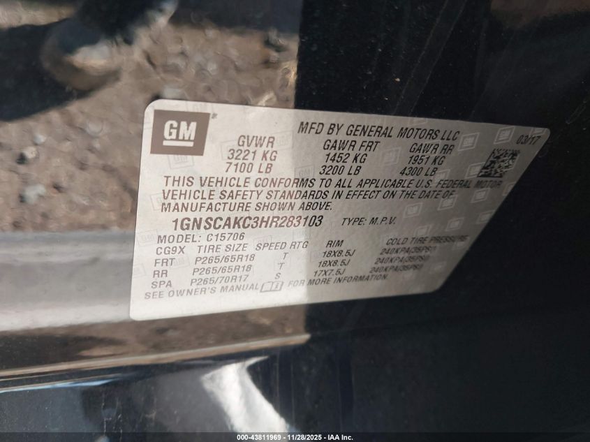 2017 Chevrolet Tahoe Ls VIN: 1GNSCAKC3HR283103 Lot: 43811969