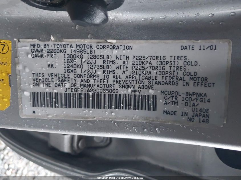 2002 Toyota Highlander V6 VIN: JTEGF21A220035069 Lot: 43811970