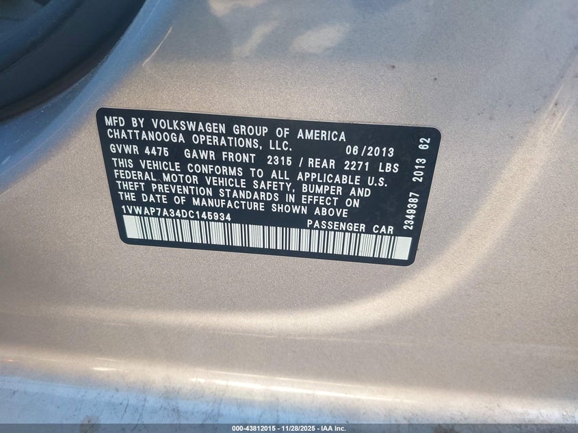 2013 Volkswagen Passat 2.5L Wolfsburg Edition VIN: 1VWAP7A34DC145934 Lot: 43812015