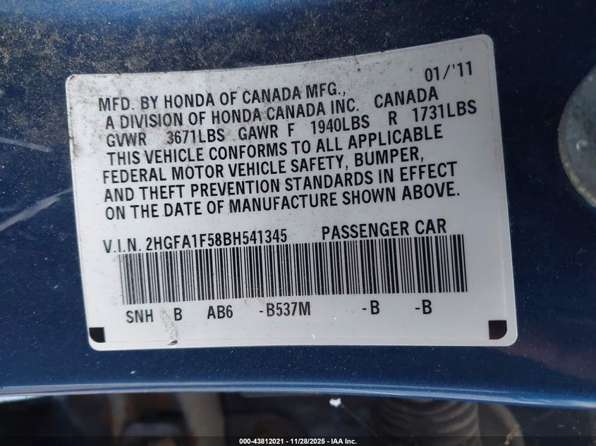 2011 Honda Civic Lx VIN: 2HGFA1F58BH541345 Lot: 43812021