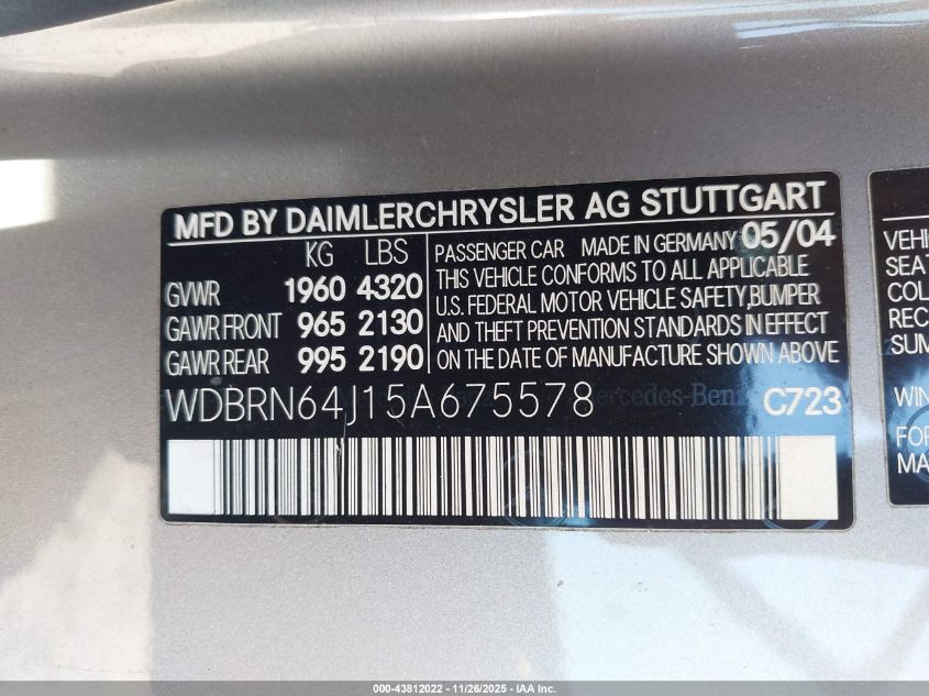 2005 Mercedes-Benz C 320 Sport VIN: WDBRN64J15A675578 Lot: 43812022